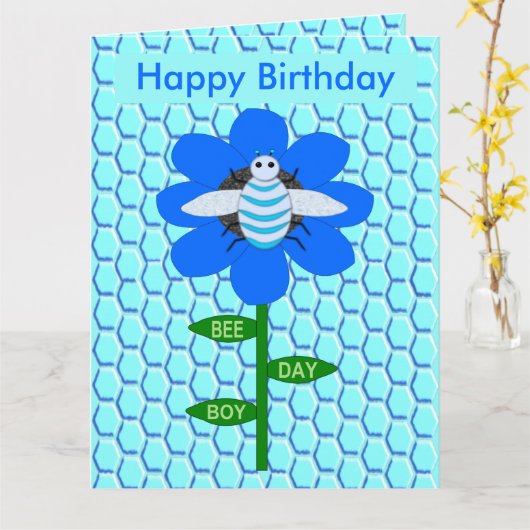 Happy Bee Day Boy Blue Birthday BumblebeCustom Karte (Gelbe Blume)