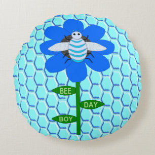 Happy Bee Day Boy Blue Birthday Bumblebee Rundes Kissen