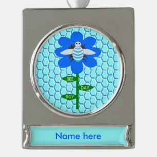 Happy Bee Day Boy Blue Geburtstag Hummel Custom Banner-Ornament Silber