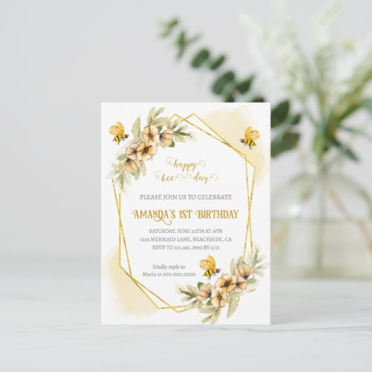 Happy Bee-day Erster Geburtstag Einladung (Stehend Vorderseite)