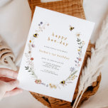 Happy Bee day First Birthday Einladung<br><div class="desc">Feiern Sie den besonderen Meilenstein Ihres Babys mit dieser niedlichen Geburtstagsveranstaltung mit einem Aquarellrahmen mit winzigen Wildblumen und Bienen.</div>