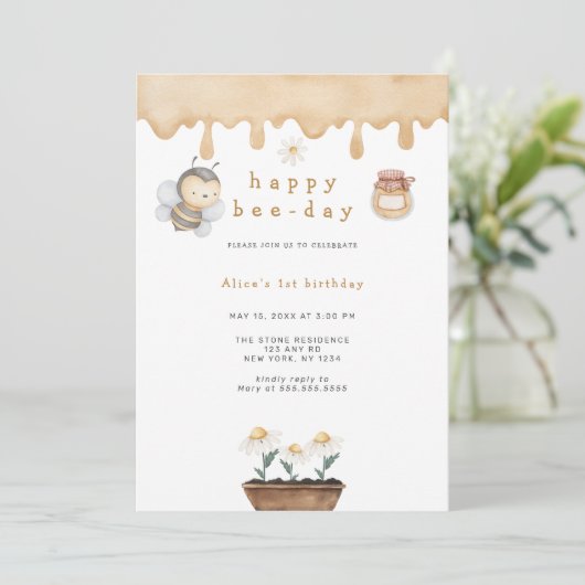 Happy Bee day First Birthday Einladung (Stehend Vorderseite)
