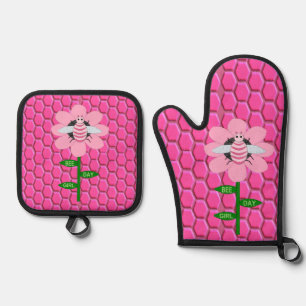 Happy Bee Day Girl Pink Birthday Hummel Ofenhandschuh & Topflappen-Set