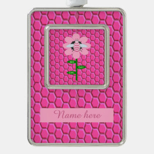 Happy Bee Day Girl Pink Geburtstag Hummel Custom Rahmen-Ornament Silber