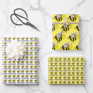 Happy Bee Day Yellow Bumblebee Geburtstagsparty Geschenkpapier Set