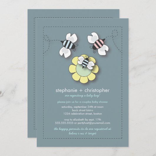 Happy Bee Family Paares Kinderdusche Einladung (Vorne/Hinten)