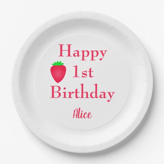 Happy Berry First Strawberry 1st Birthday Girly Pappteller (Vorderseite)