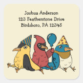 Happy Bird Day Cartoon Birds Return Address Quadratischer Aufkleber (Vorderseite)