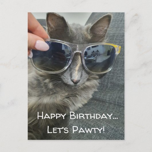 "Happy Birday Let's pawty" lustige Foto-Chic Postkarte (Vorderseite)