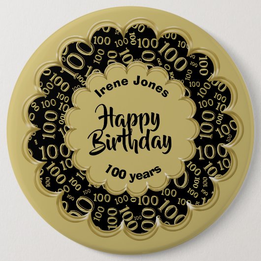 Happy Birthday, 100. Gold/Black Number Pattern Button (Vorderseite)