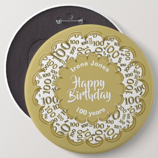 Happy Birthday, 100. Gold/White Number Pattern Button (Vorne & Hinten)