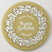 Happy Birthday, 100. Gold/White Number Pattern Button (Vorderseite)