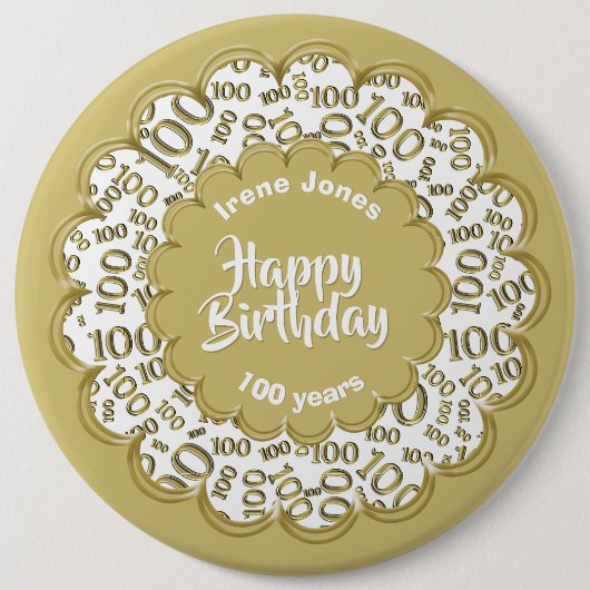 Happy Birthday, 100. Gold/White Number Pattern Button (Vorderseite)