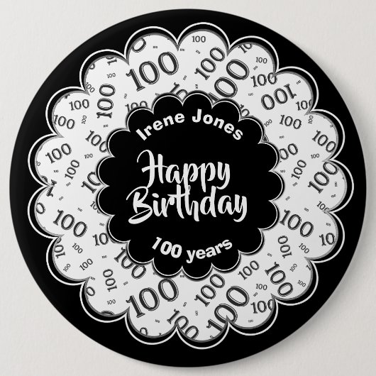 Happy Birthday, 100th Black/White Number Pattern Button (Vorderseite)