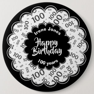 Happy Birthday, 100th Black/White Number Pattern Button