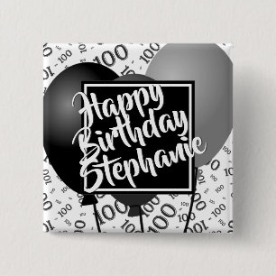 Happy Birthday - 100th Number Pattern Black/White Button