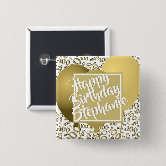 Happy Birthday - 100th Number Pattern White/Gold Button (Vorne & Hinten)