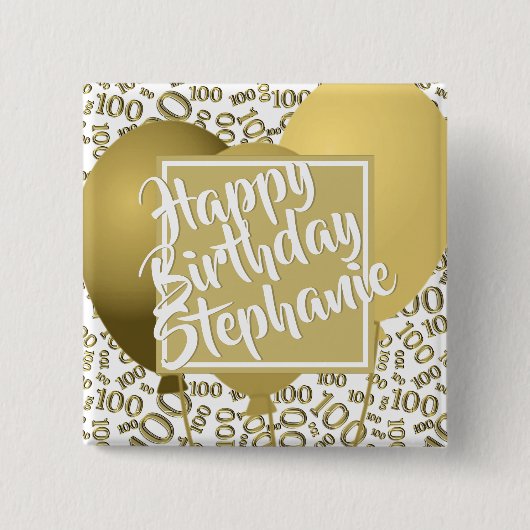 Happy Birthday - 100th Number Pattern White/Gold Button (Vorderseite)