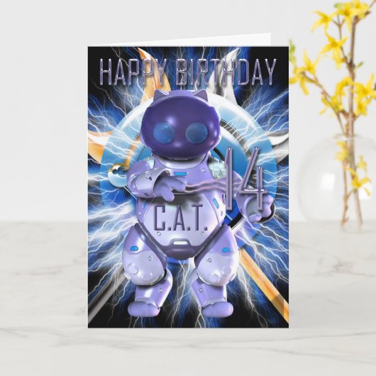 Happy Birthday 14th, Robot Cat, Techno Modern Karte (Gelbe Blume)