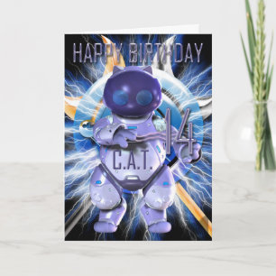 Happy Birthday 14th, Robot Cat, Techno Modern Karte