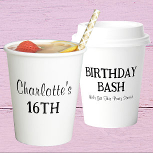 Happy Birthday 16 . Geburtstag Name Black & Whit Pappbecher