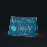 Happy Birthday 18. Name Blau Karte<br><div class="desc">Ein elegantes Design verzierter Typografie in maskulinen Farben für einen 18. Geburtstag. "Happy Birthday" ist Set in einem dekorativen Schrift in blau, und das Zeitalter ist in einer koordinierenden Schrift in weicher aquamarin, zusammen mit dem Namen Ihres Empfängers, auf einem blauen Hintergrund. Sie können die Nachricht in Ihrem eigenen Gruß...</div>