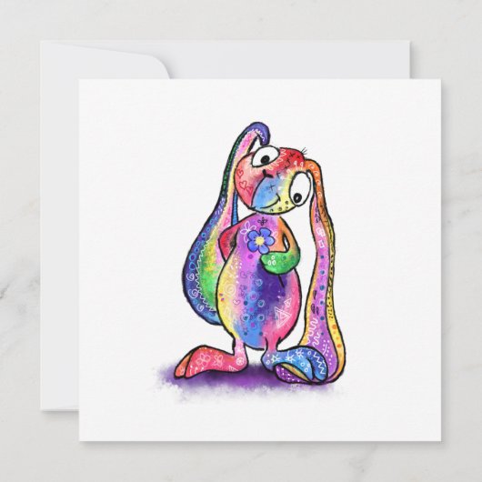 Happy Birthday 1 Card Farbenfroh Bunny mit Blume (Rückseite)