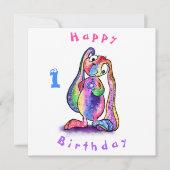 Happy Birthday 1 Card Farbenfroh Bunny mit Blume (Vorderseite)
