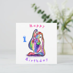 Happy Birthday 1 Card Farbenfroh Bunny mit Blume