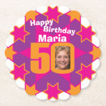 Happy birthday 50th name and photo paper coasters untersetzer<br><div class="desc">50th purple,  pink and orange yellow birthday party paper coasters. Great to add a personal touch to a surprise 50th birthday celebration party. Personalize with your birthday girls photo in the 0 of 50 and personalize with your choice of name. Design by Sarah Trett for www.mylittleeden.com</div>