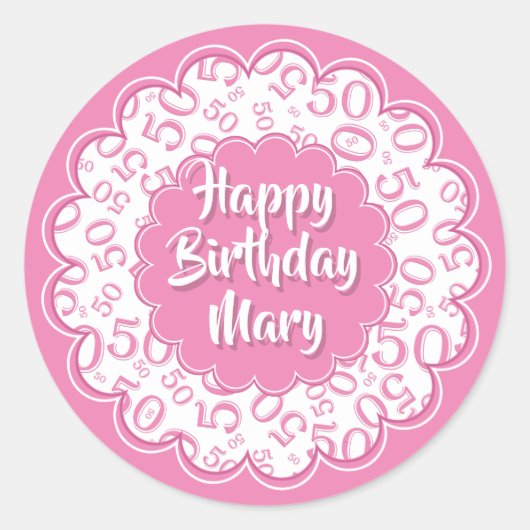 Happy Birthday 50th Number Pattern Pink und Weiß Runder Aufkleber (Vorderseite)