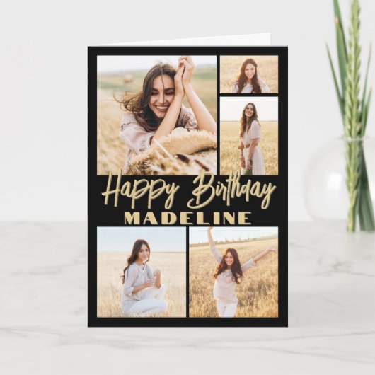 Happy Birthday 5 Foto Collage Modernes Black & Gol Karte (Vorderseite)