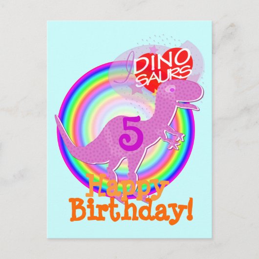 Happy Birthday 5 Jahre Lila T-Rex Dino Postkarte (Vorderseite)