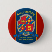 Happy Birthday 5. Rot blaue Ritter Schild Age Butt Button (Vorderseite)
