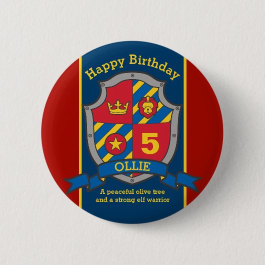 Happy Birthday 5. Rot blaue Ritter Schild Age Butt Button (Vorderseite)