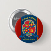 Happy Birthday 5. Rot blaue Ritter Schild Age Butt Button (Vorne & Hinten)