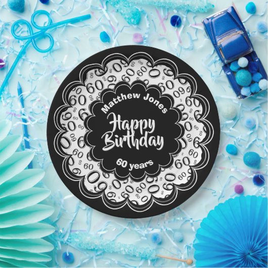 Happy Birthday 60. Schwarz/Weiß Zahlenmuster Pappteller (Party)