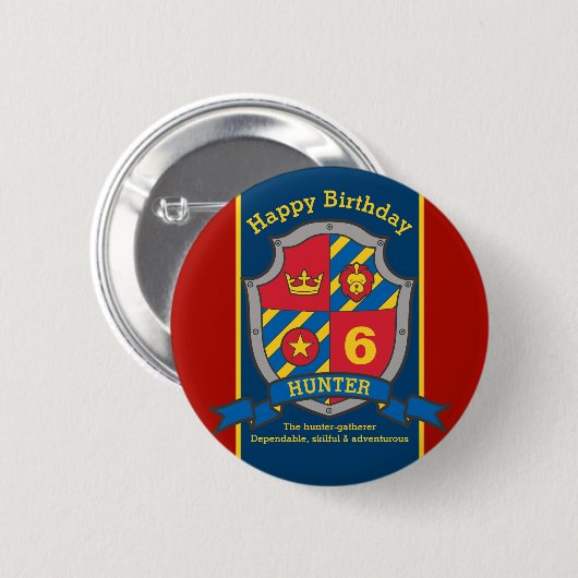 Happy Birthday 6. Rot blaue Ritter Schild Age Butt Button (Vorne & Hinten)