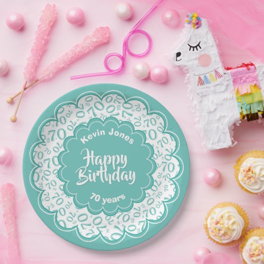 Happy Birthday 70. Aquamarin/White Number Pattern Pappteller (Party)