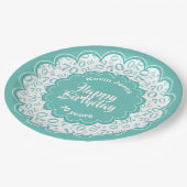 Happy Birthday 70. Aquamarin/White Number Pattern Pappteller (Schrägansicht)