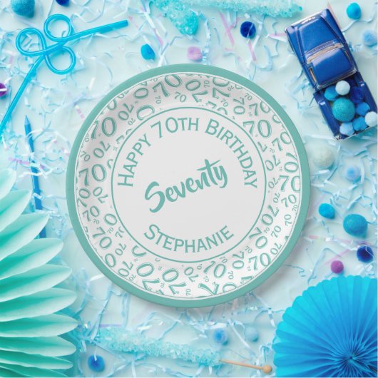 Happy Birthday 70. Aquamarin/White Number Pattern Pappteller (Party)