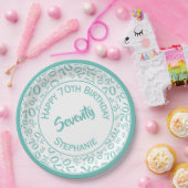 Happy Birthday 70. Aquamarin/White Number Pattern Pappteller (Party)