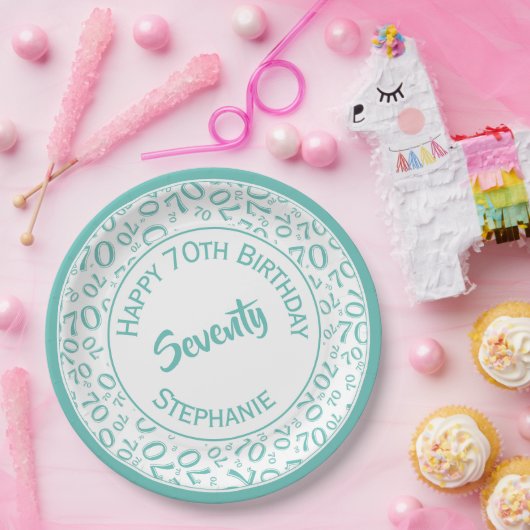 Happy Birthday 70. Aquamarin/White Number Pattern Pappteller (Party)