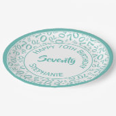 Happy Birthday 70. Aquamarin/White Number Pattern Pappteller (Schrägansicht)