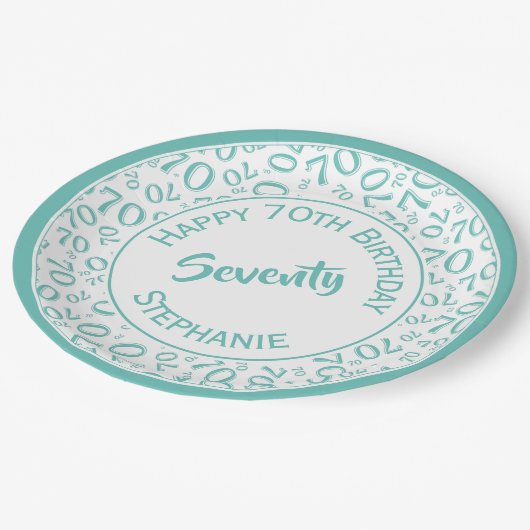 Happy Birthday 70. Aquamarin/White Number Pattern Pappteller (Schrägansicht)