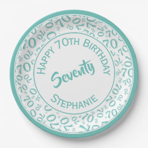 Happy Birthday 70. Aquamarin/White Number Pattern Pappteller