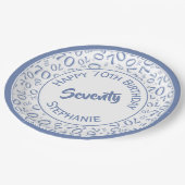 Happy Birthday 70. Blau/Weiß Zahlenmuster Pappteller (Schrägansicht)