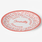 Happy Birthday 70. Coral/White Number Pattern Pappteller (Schrägansicht)