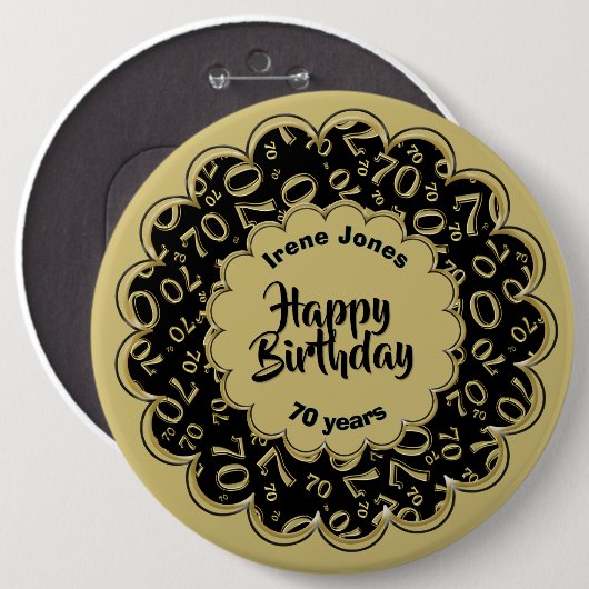 Happy Birthday, 70. Gold/Black Number Pattern Button (Vorne & Hinten)