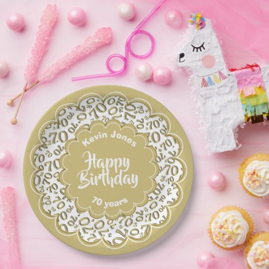 Happy Birthday 70. Gold/White Number Pattern Pappteller (Party)